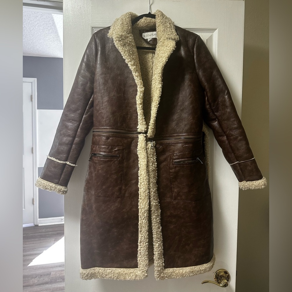 B. COATURE Convertible Faux Leather Shearling Coat — Size Small
